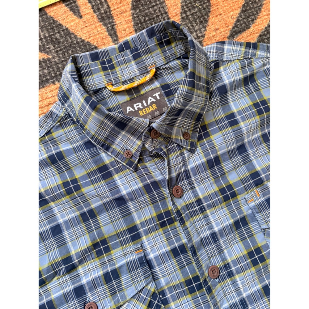 Ariat Rebar Mens Medium Short Sleeve Plaid Work Shirt Blue Yellow 10048891